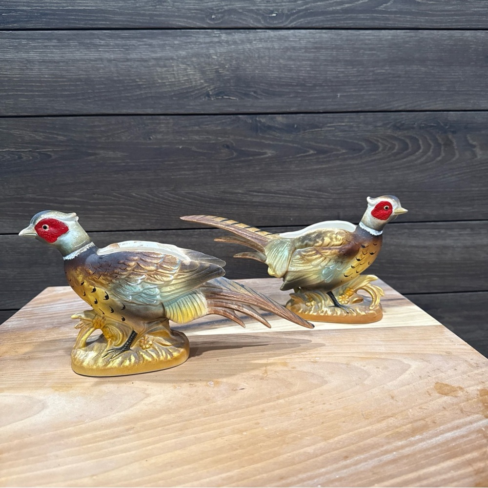 Hand-Painted Red Necked Pheasant Planter Figurine Pair in Gold, Red and Green